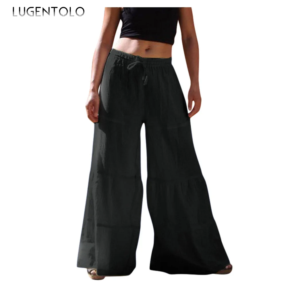 

Women Large Size Pants Summer Spring Loose Casual Wide Leg Pants Thin Polyester Linen Solid Elastic Waist Long Pants Lugentolo