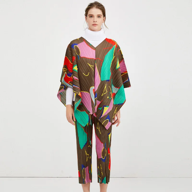 LANMREM хит цветной пуловер с v образным вырезом топы и штаны принтом для женщин