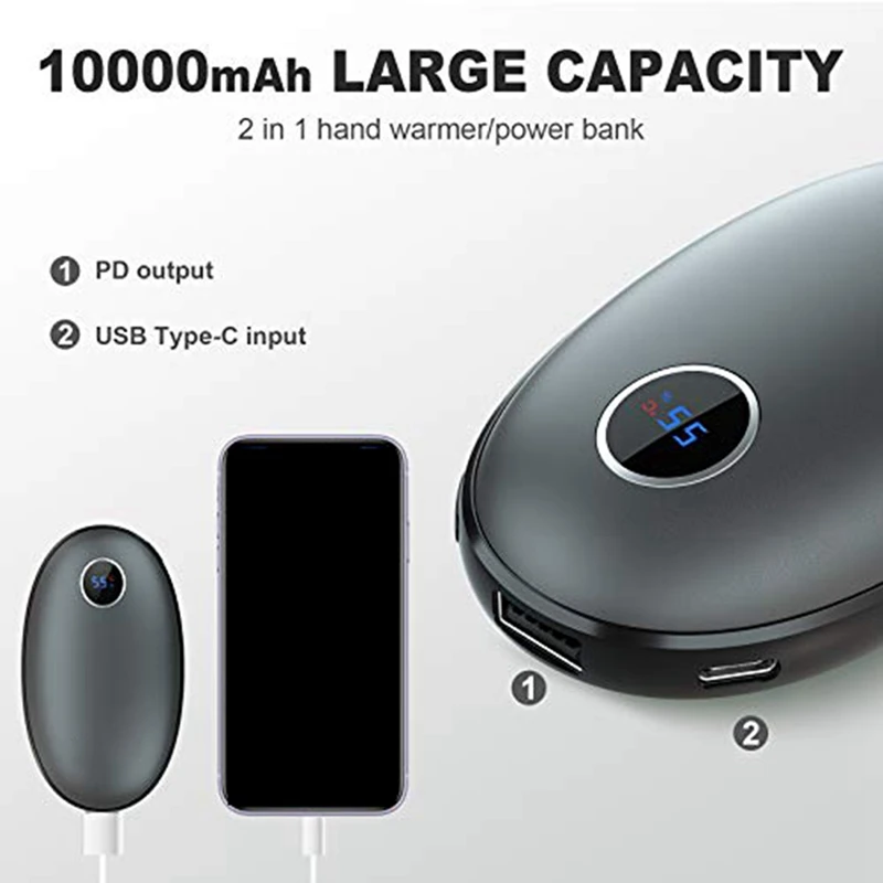 

2Pcs Mini Hand Warmers Hothands USB Charging 10000MAh Power Bank Electric Portable Pocket Flashlight Heate,Black & Gold