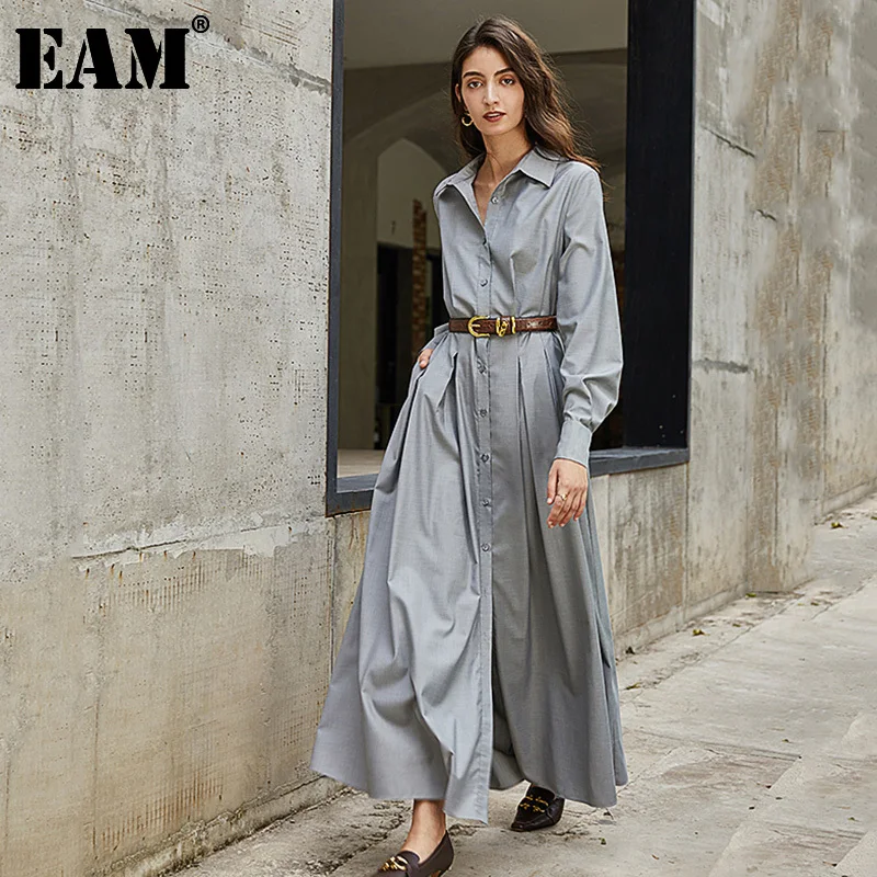 

[EAM] Women Gray Pleated Brief Long Big Size Dress New Lapel Long Sleeve Loose Fit Fashion Tide Spring Autumn 2022 1Z464