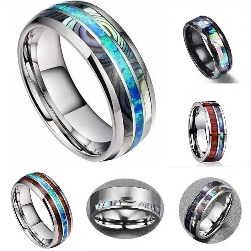 

8mm Luxury Stainless Steel Carbide Ring Blue Fire Opal & Shell Inlay For Men Women Wedding Engagement Ring