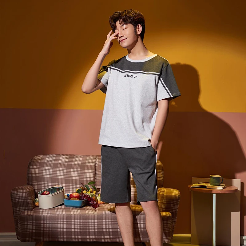 

for Men Short Sleeve Leisure Masculino Silk Nightwear MELIFLE Summer Pajamas Set 100% Cotton Stain Letter Print O-Neck Sleepwear