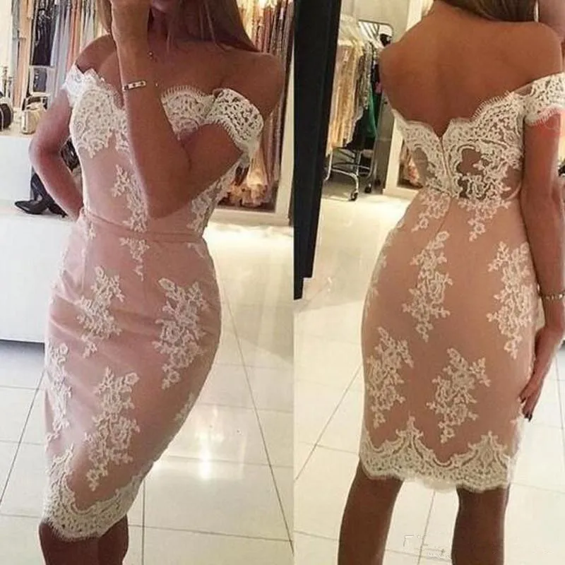 

Backless Cocktail Dresses Sheath Off The Shoulder Knee Length Appliques Lace Elegant Homecoming Dresses