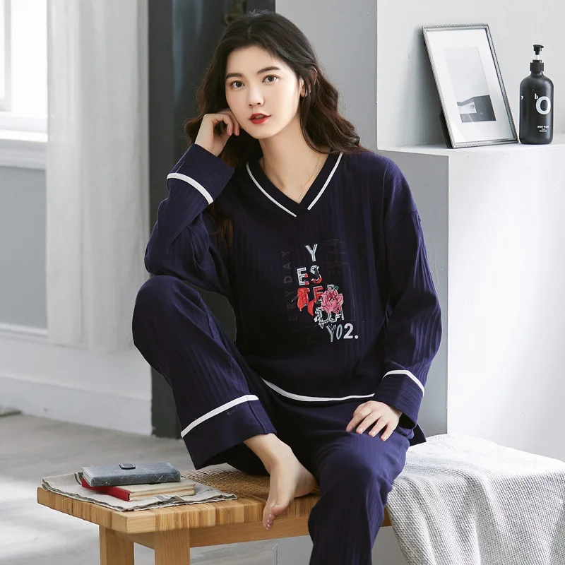 

2020 New Women Pajamas Spring Autumn Long-sleeved Cotton Sleepwear Suit Round Neck Ladies Trousers Plus Size Home Lounge Wear