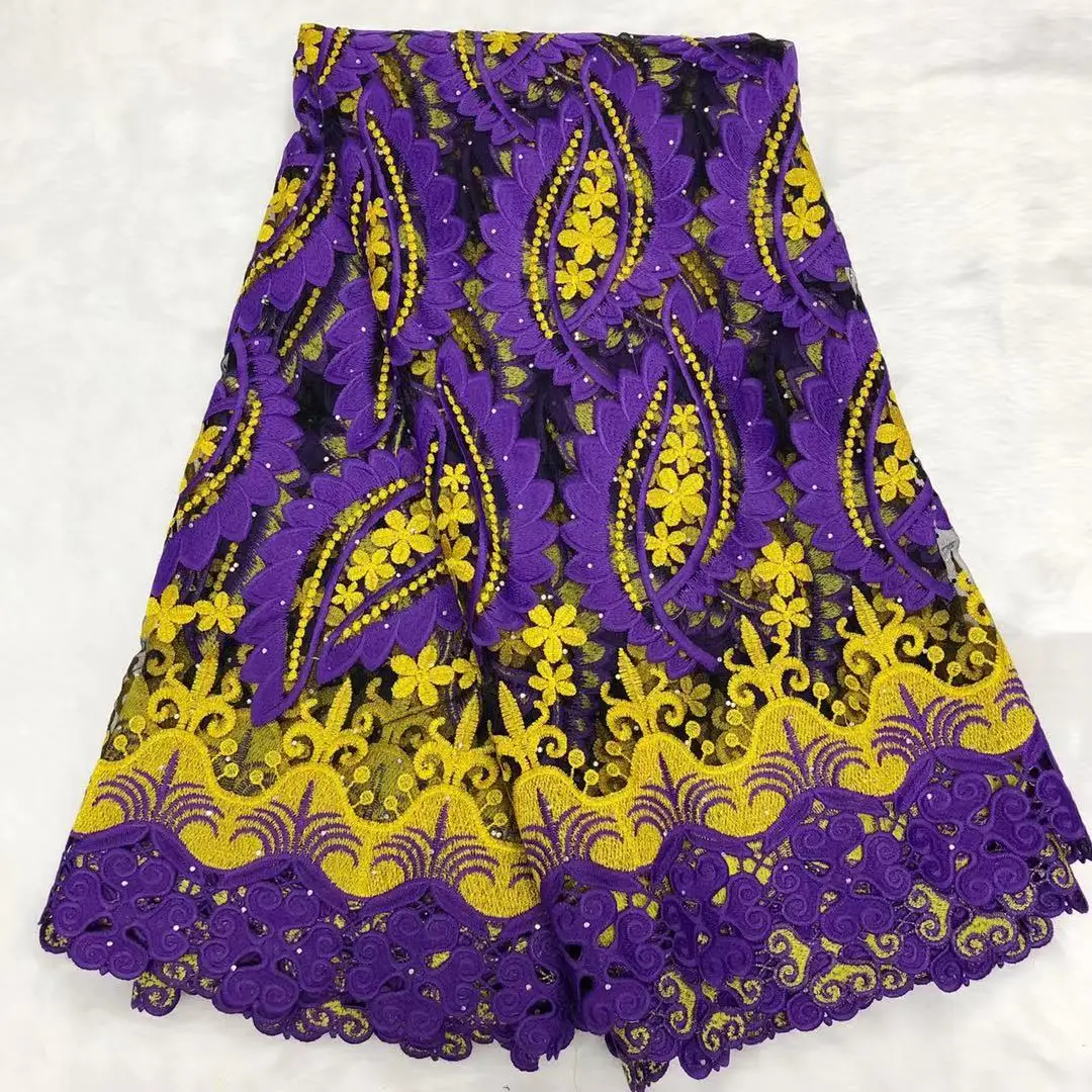 

Hot African 100%Cotton 5Yards Embroidery Lace Fabric with Stones Swiss Voile Lace Fabric Nice Purple For Wedding Dress B17-4