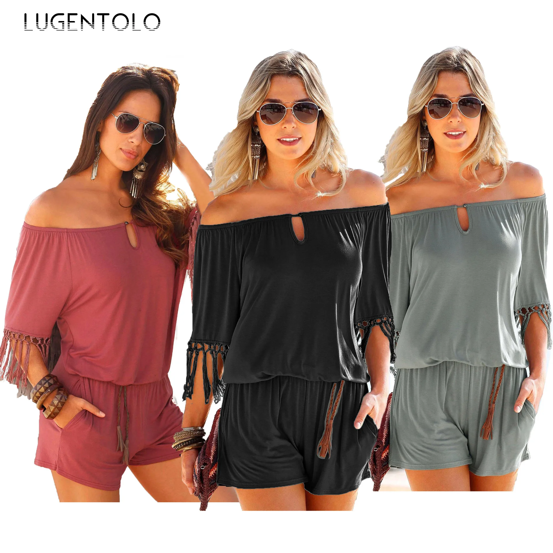 

Женский пляжный костюм с коротким рукавом, с вырезом лодочкой и бахромой