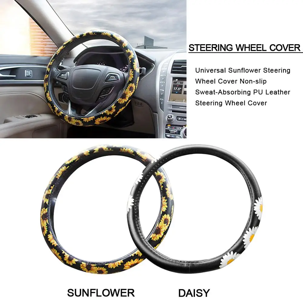 Чехол на руль автомобиля универсальный с рисунком подсолнуха нескользящий