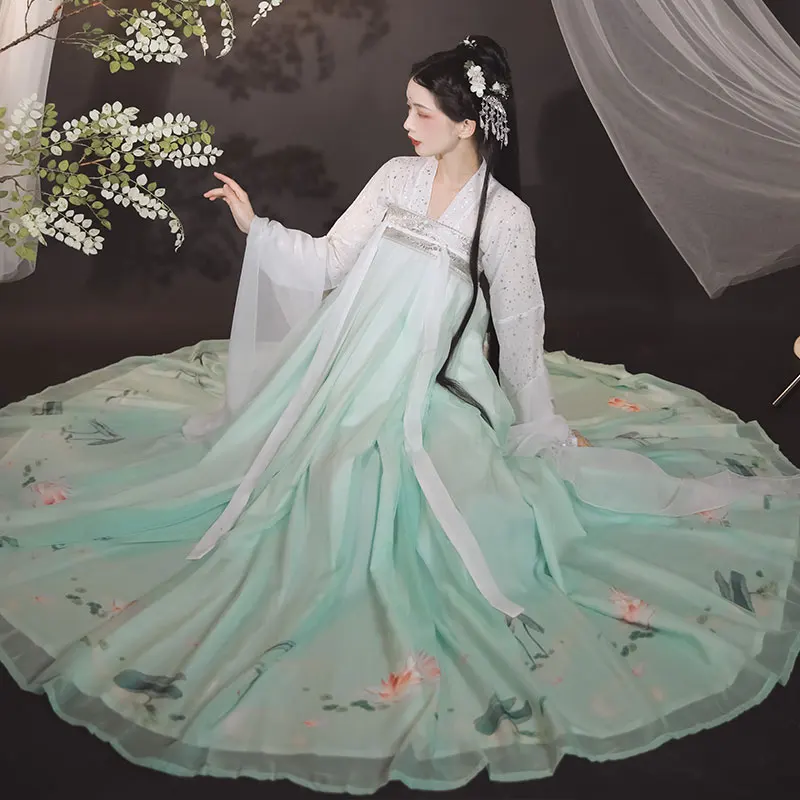 2020 Chinese Hanfu Outfits Fairy Dress White Coat Green Skirt Festival Folk Dance Costume Clothes For Women BI772 | Тематическая