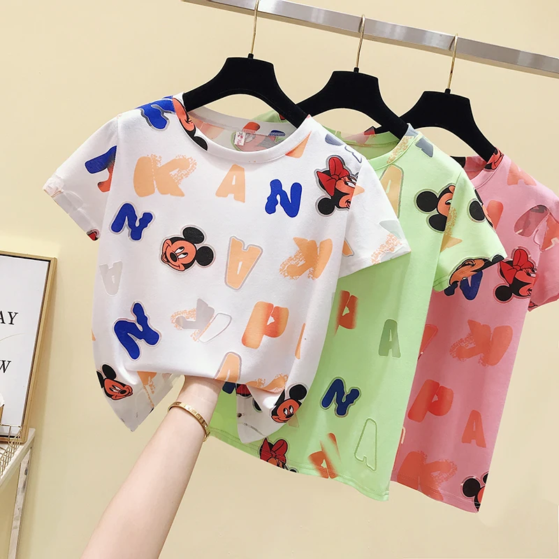 

Hollow Print Carton TShirt Women O Neck Voge T-Shirt Cotton Koren Tees Tshirt Short Sleeve White Tops Clothing Femme Camiseta Mu