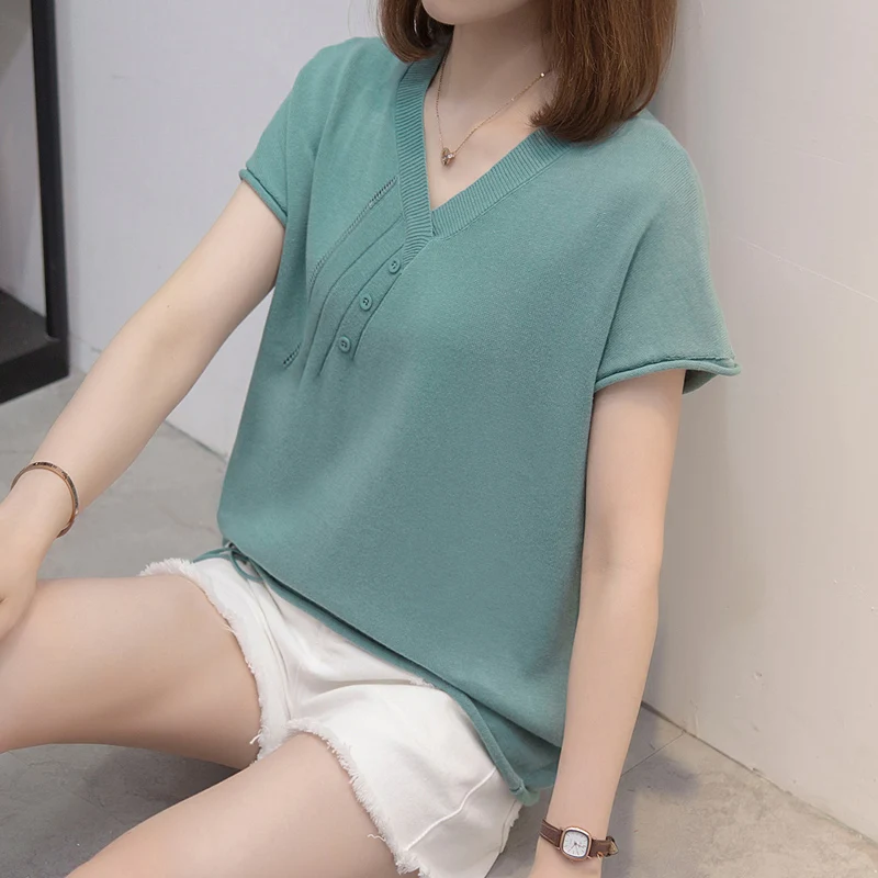 

Nkandby Plus Size Women Summer Knitted Tshirt 2021 Fashion V-neck Short Sleeve Button Shirring T-shirt Casual Loose Korean Tops