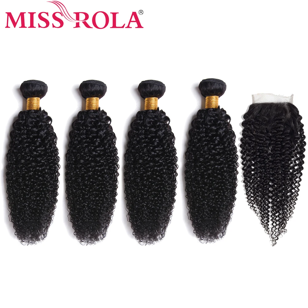 Miss Rola Hair Brazilian Kinky Curly 4 Bundles With Lace Closure 8-26 Inches Natural Color Non-Remy 100% Human Hair Extensions