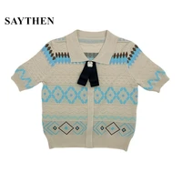 saythen korean fashion knit tops women 2021 summer cute turn down collar bows short sleeve pullover cropped sweater shirt