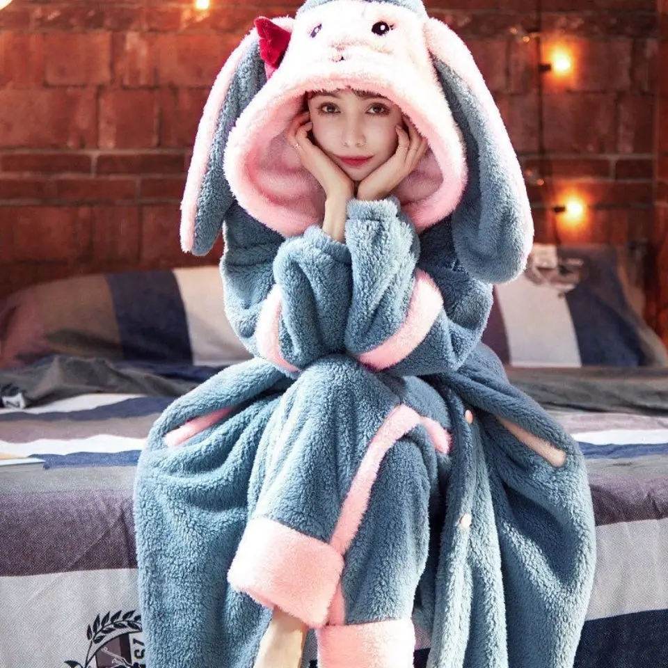 Coral Fleece Pajamas Female Winter Thickened Velvet Students Cute Facecloth Long Robe Autumn and Winter Home Wear Set Sleep Tops