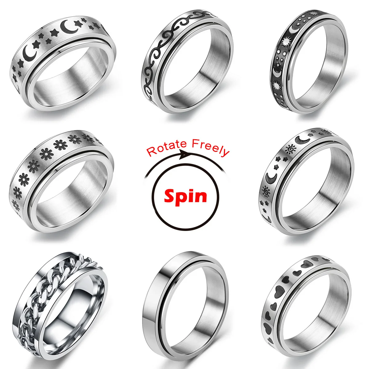 Кольцо для беспокойства из нержавеющей стали женщин луна звезда цепь Спиннер