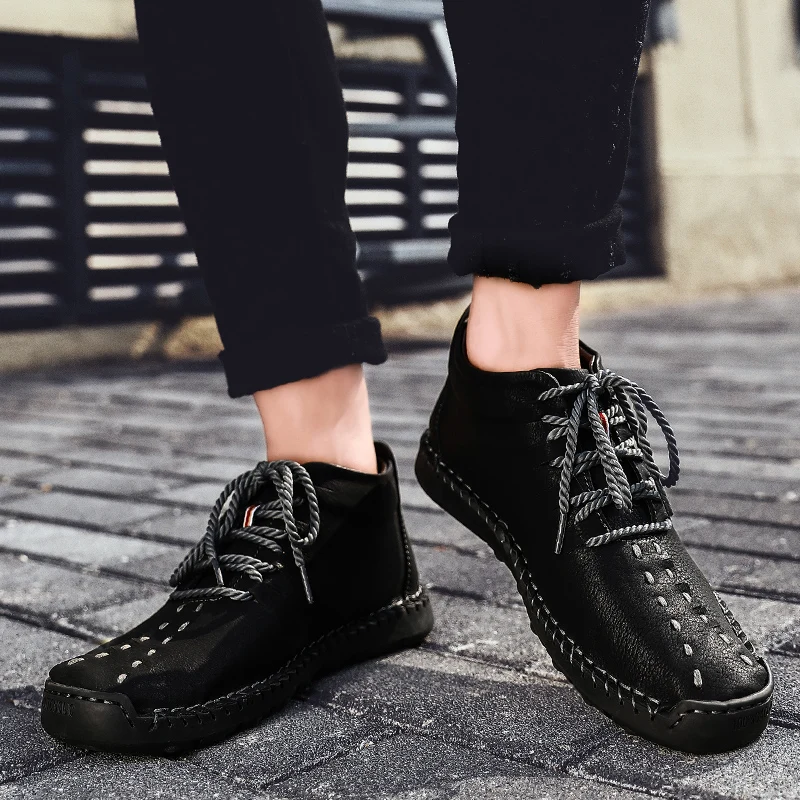 

2020 New Fashion Men Boots High Quality Split Leather Ankle Snow Boots Shoes Warm Fur Plush Winter Shoes Male Plus Size 38-48