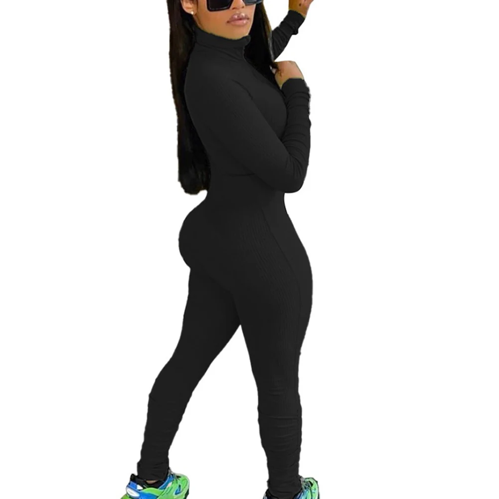 

Casual Women Ribbed Jumpsuits Zippers Skinny High Elasticity Bodysuit Raised Lines Pattern Jumpsuit THJ99