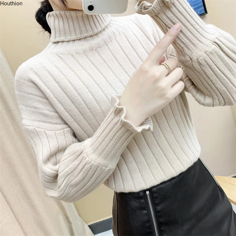 

Spring/Autumn Women's Sweater New Fashion Casual Long Sleeve Solid Color Turtleneck Slim Stretch Cotton Pullover Top Houthion