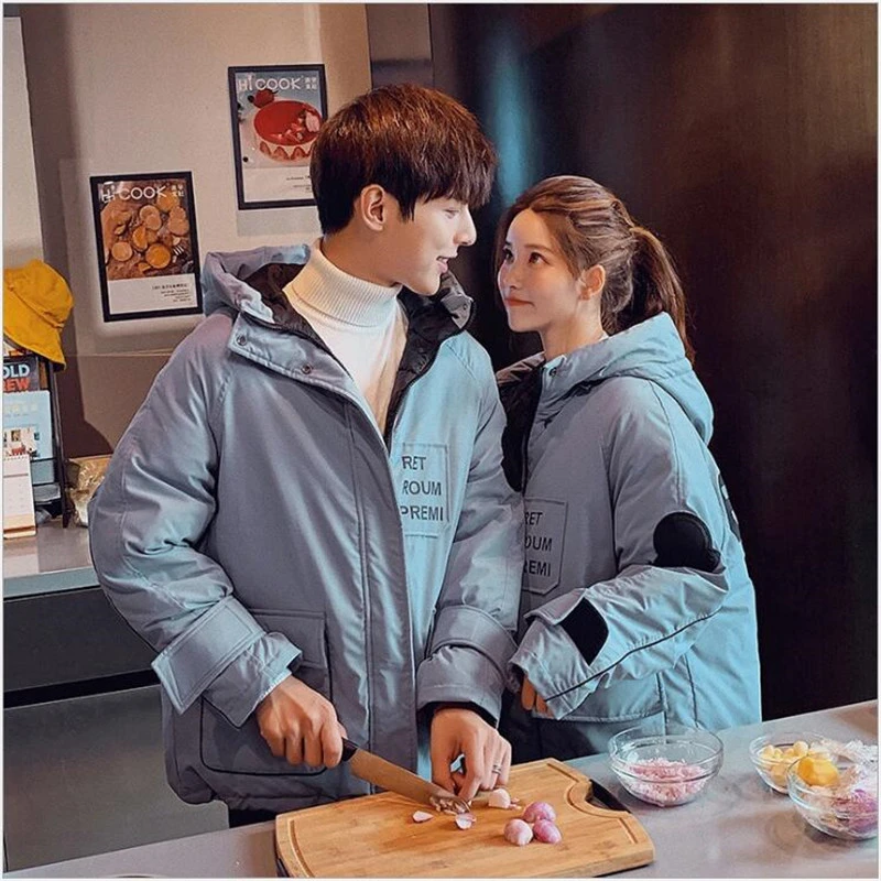 

Winter Jacket Women Couples Parka Warm Thick Solid Short Style Cotton Padded Parkas Female Coat Loose Hooded Overcoat 2019 397