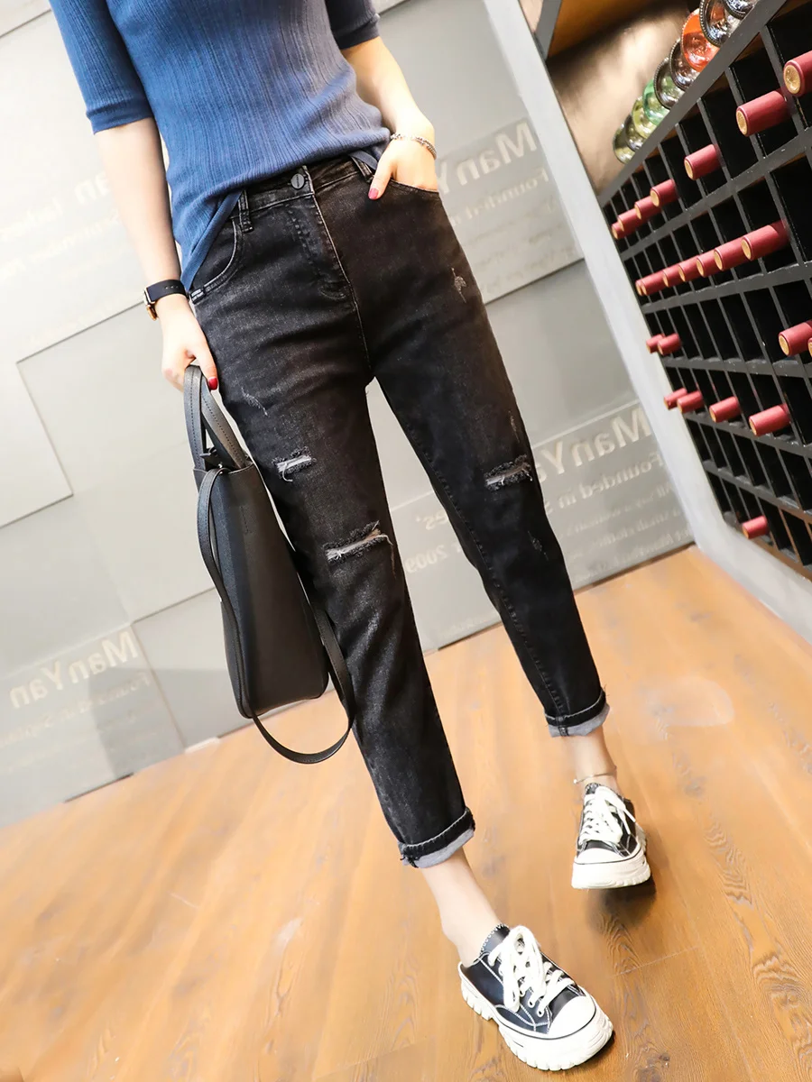 Новинка весна-осень 2021 черные рваные высокие джинсы женские свободные с высокой