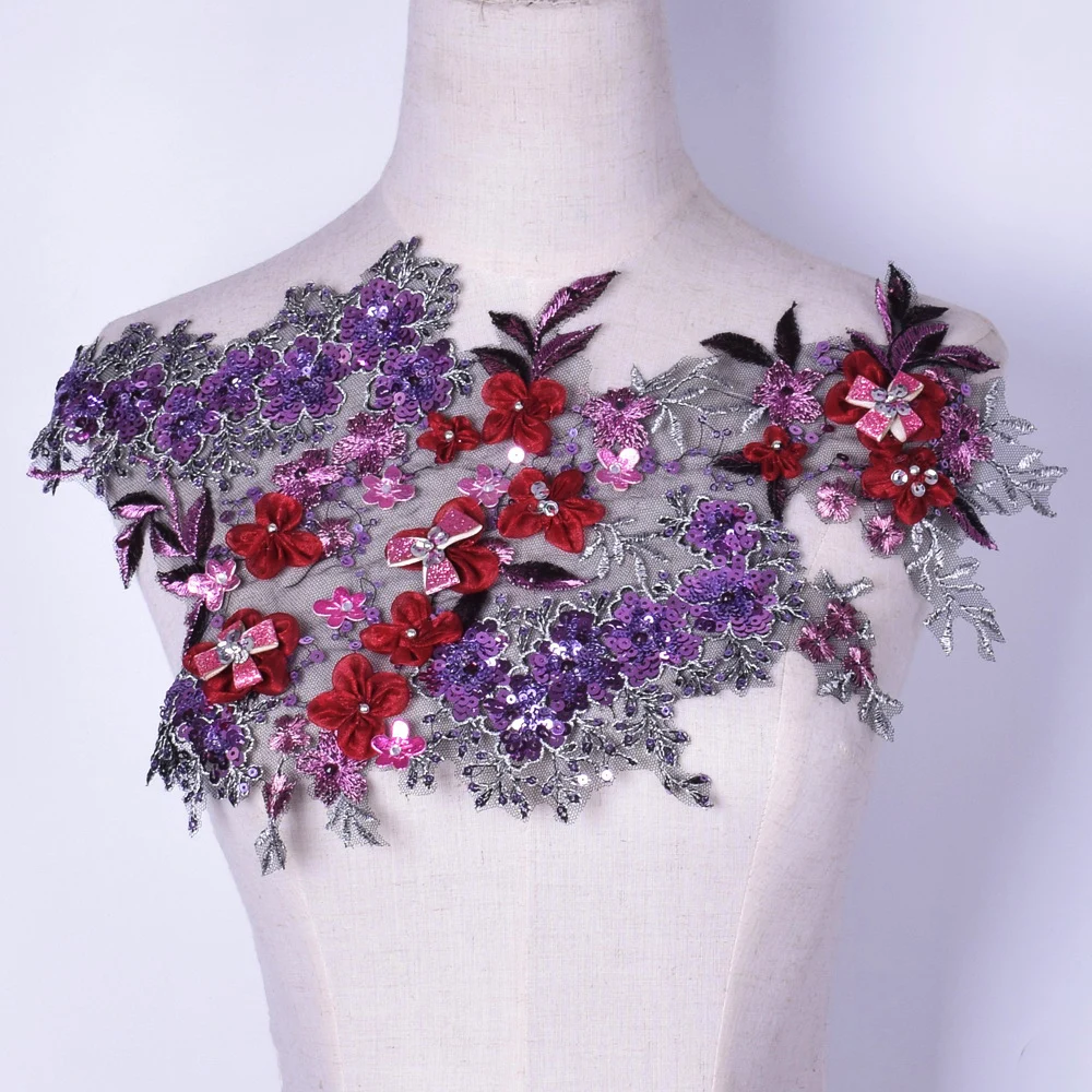 

1Pc Purple Sequins Flowers Lace Bridal Wedding Handmade diy Material Veil Waist Cloth Patch Accessories Lace Fabric