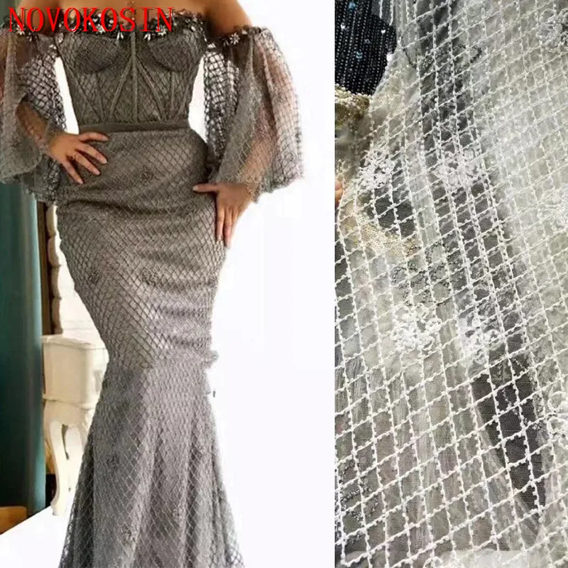 

High Quality Beading Lace Material Glued Glitter Tissus America Fabric For Evening Dress Dry Tube Lace Mermaid Prom Dress