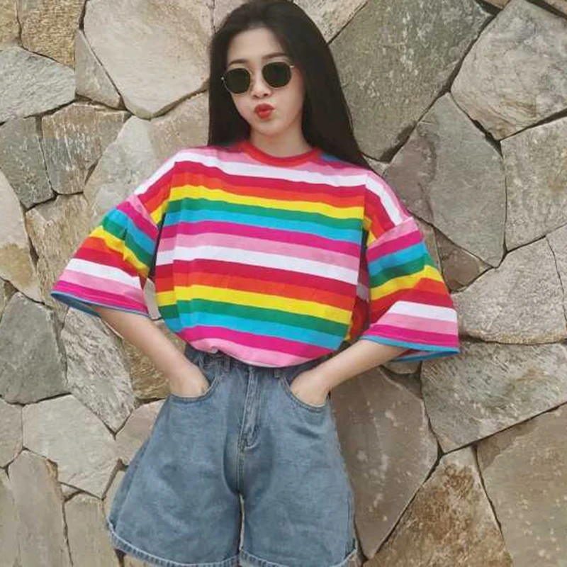 

Women Clothes Ladies Summer Sweet Rainbow Striped Print Half Sleeves T-shirts Women's Fahion O Neck Tees Tops M-2XL