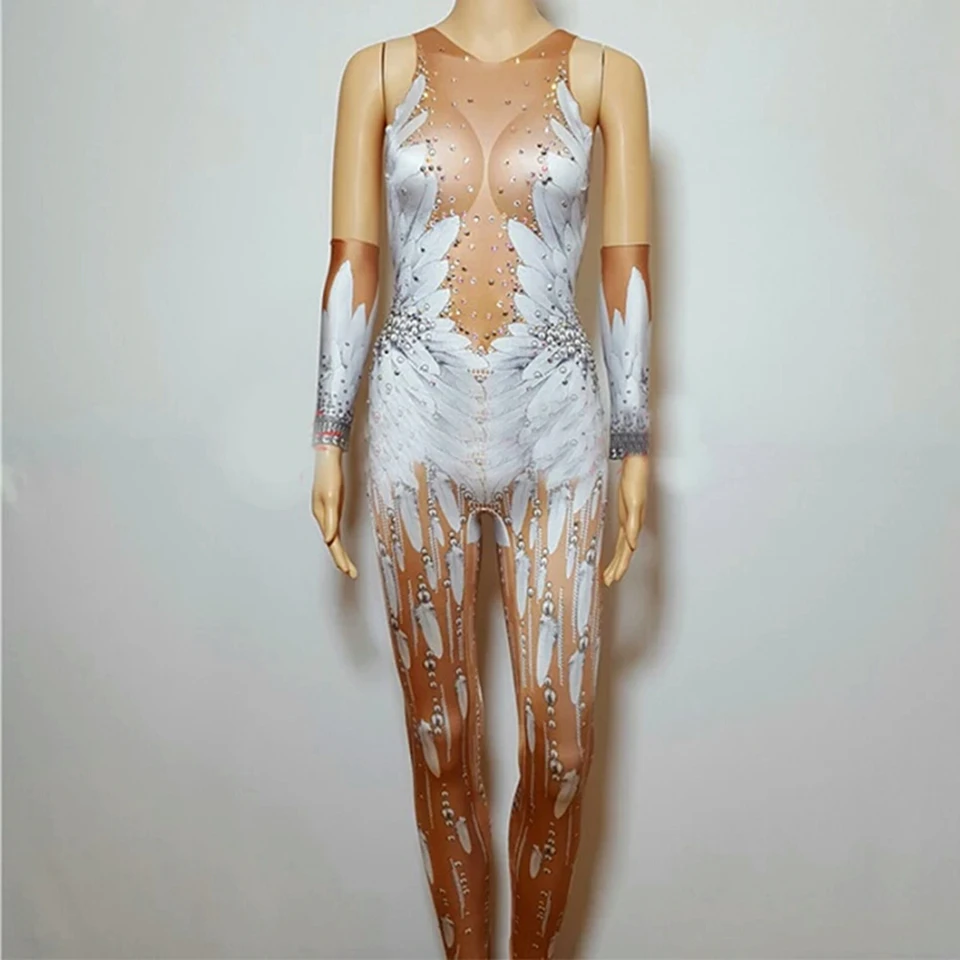 Сексуальный женский комбинезон с белыми перьями боди 3D принтом танцевальный