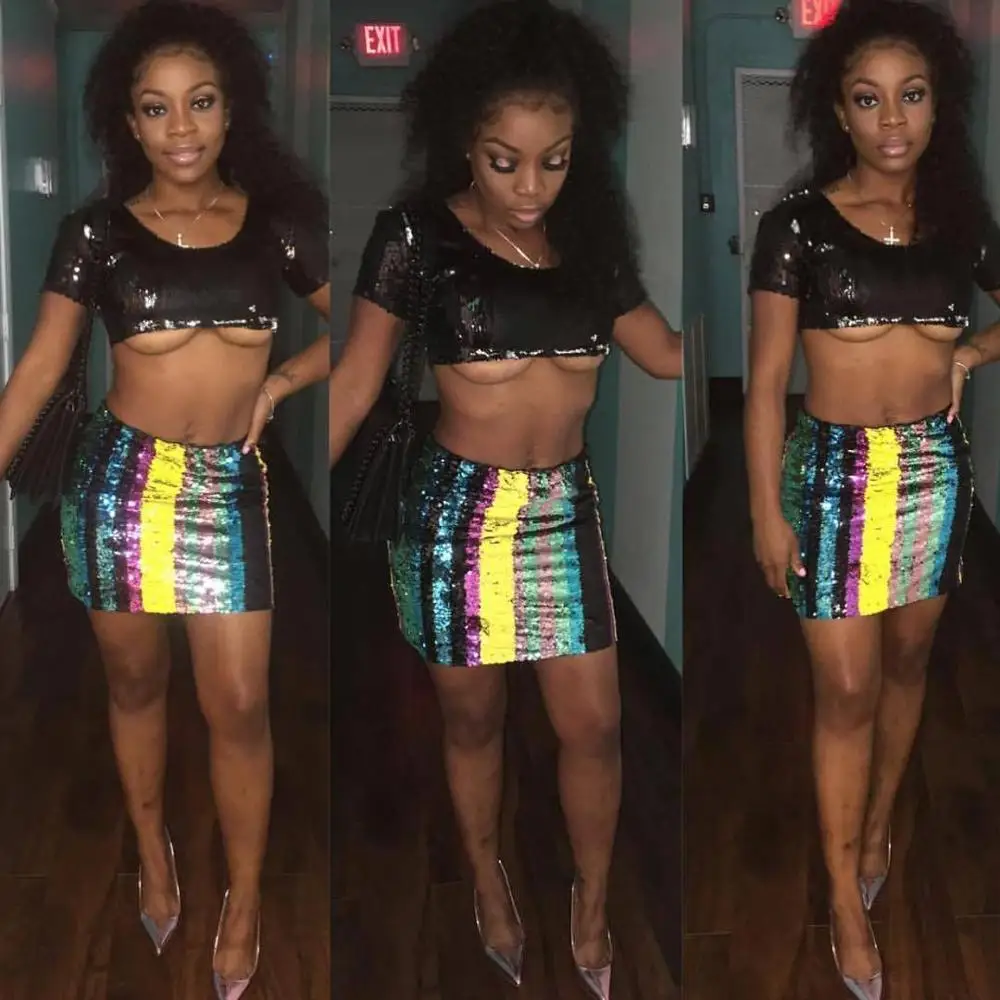 Модная юбка выше колена в разноцветную полоску расшитая блестками новая летняя