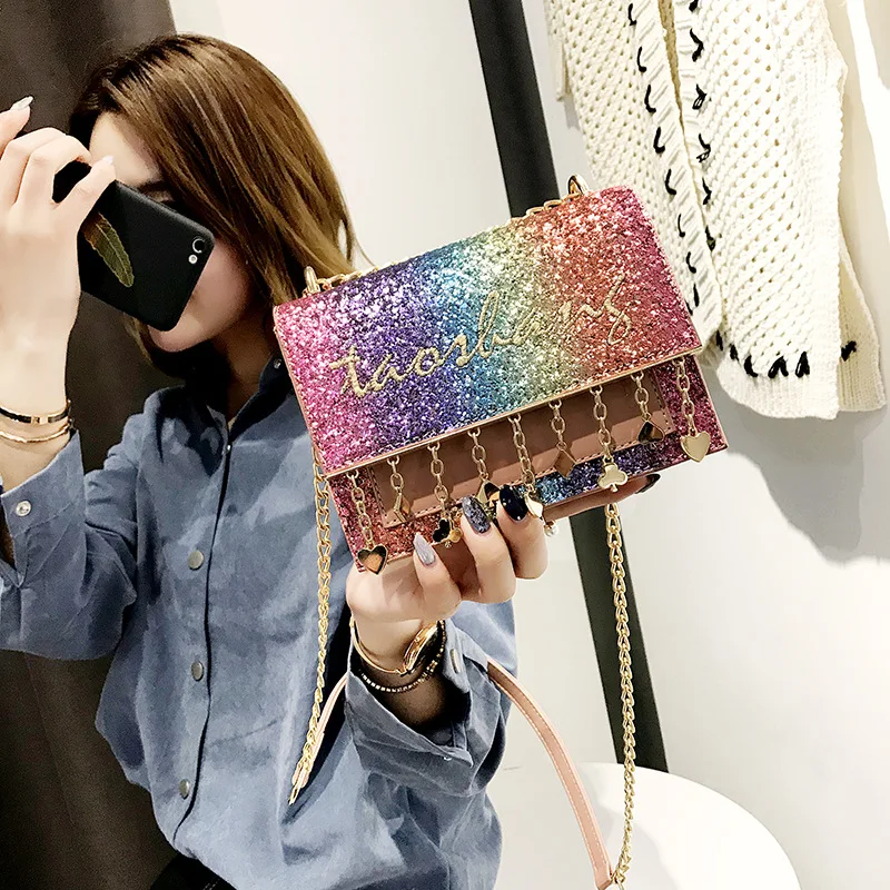 

Sequined Handbags 2020 New Fashion Ribbon Bow Small Square Bag High-Quality PU Leather Sweet Women Bag Tassel Chain Shoulder Bag