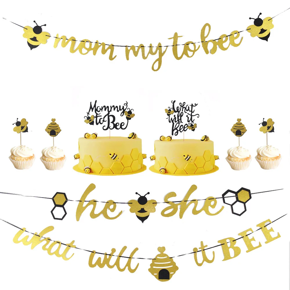 Honey Bumble What Will It Bee Gender Reveal Party Supplies Decorations He or She Baby Shower Banner Bee Cake Toppers