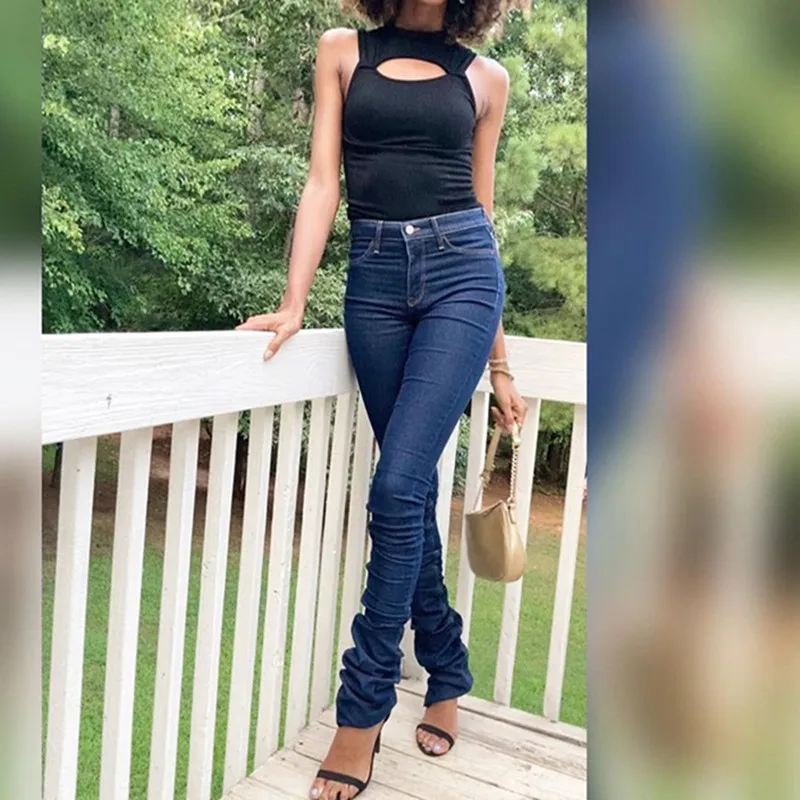 

Ruched Denim Blue High Wait Stacked Pants Autumn 2021 Women Clothing Streetwear Jeans Fashion Skinny Pockets Trousers