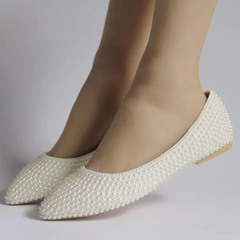 Женские свадебные туфли на плоской подошве со стразами и жемчугом Цвет бежевый