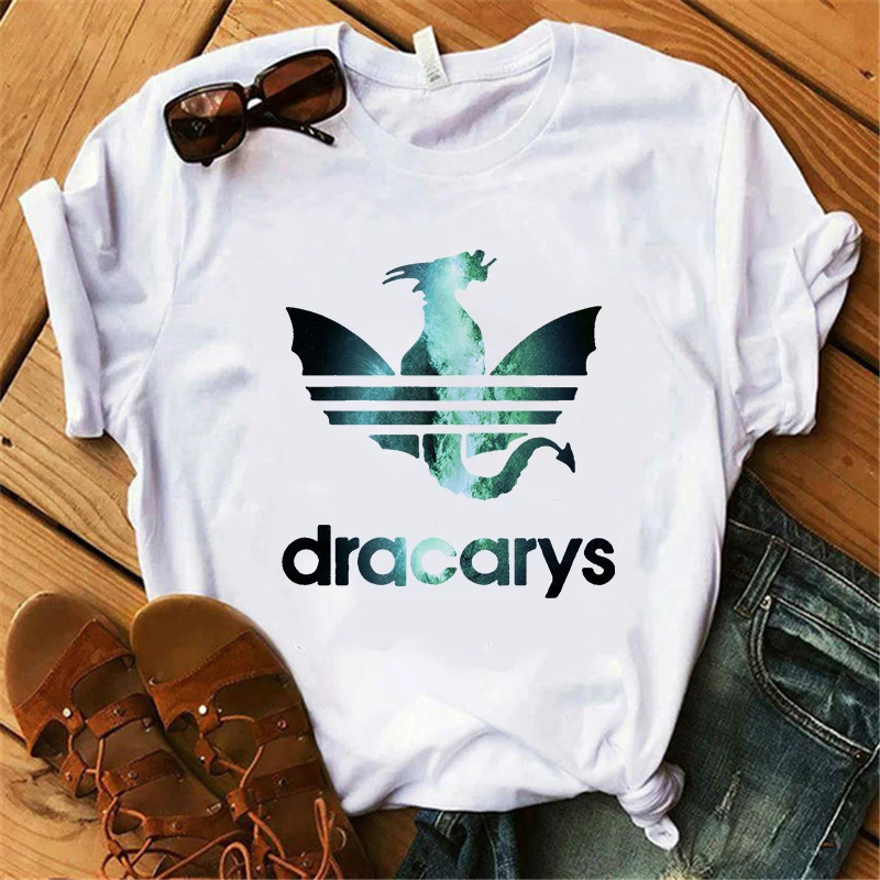 Showtly Dracarys GAME OF THRONE Female T Shirt Women Summer Dragon Print White Casual Plus Size Streetwear Fashion T shirt