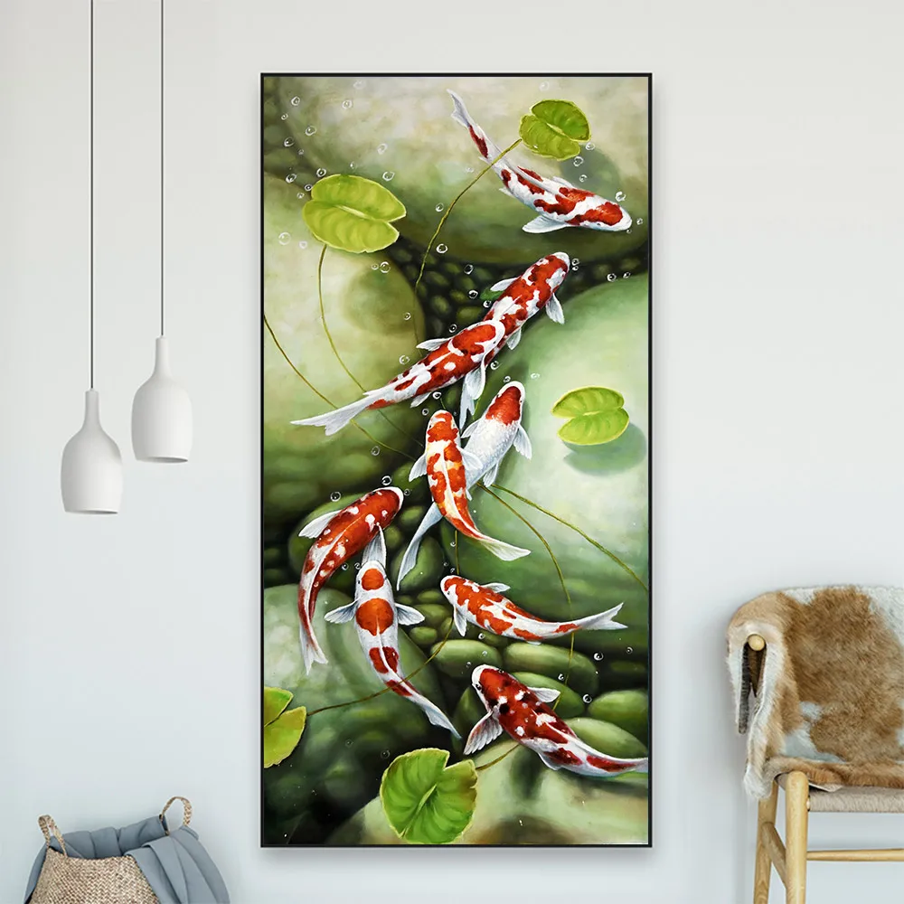 Алмазная живопись в виде пруда и карпа круглая мозаика с изображением животных