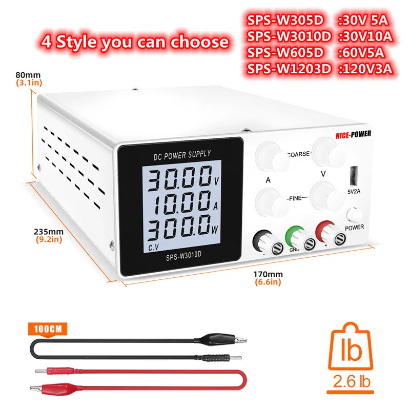 

NICE-POWER LCD Screen Laboratory Power Supply DC 30V 60V 120V 3A 5A 10A USB 5V 2A Lab Adjustable DC Power Supply Source Power