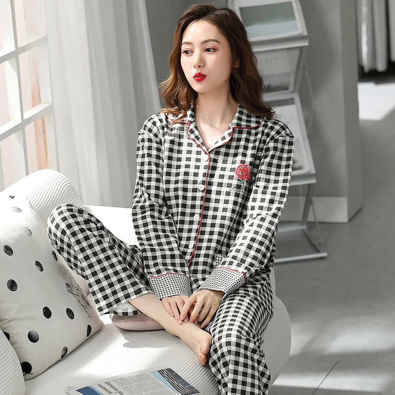 

ATUENDO Spring Fashion Plaid Pajama Sets for Women Atoff Home Oversized Satin Sleepwear 100% Cotton Autumn Silk Soft Nightwear
