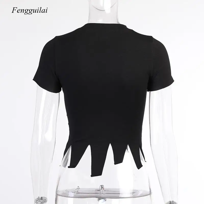 

Flame Printed Irregular Short Sleeve Open Navel Personalized T-Shirt for Women Summer High Street Wear