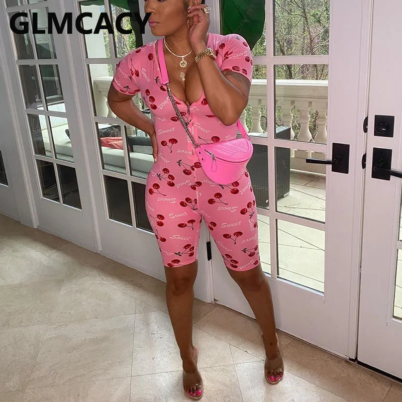 

Women Plunge V-neck Cherry Printed Bodycon Romper