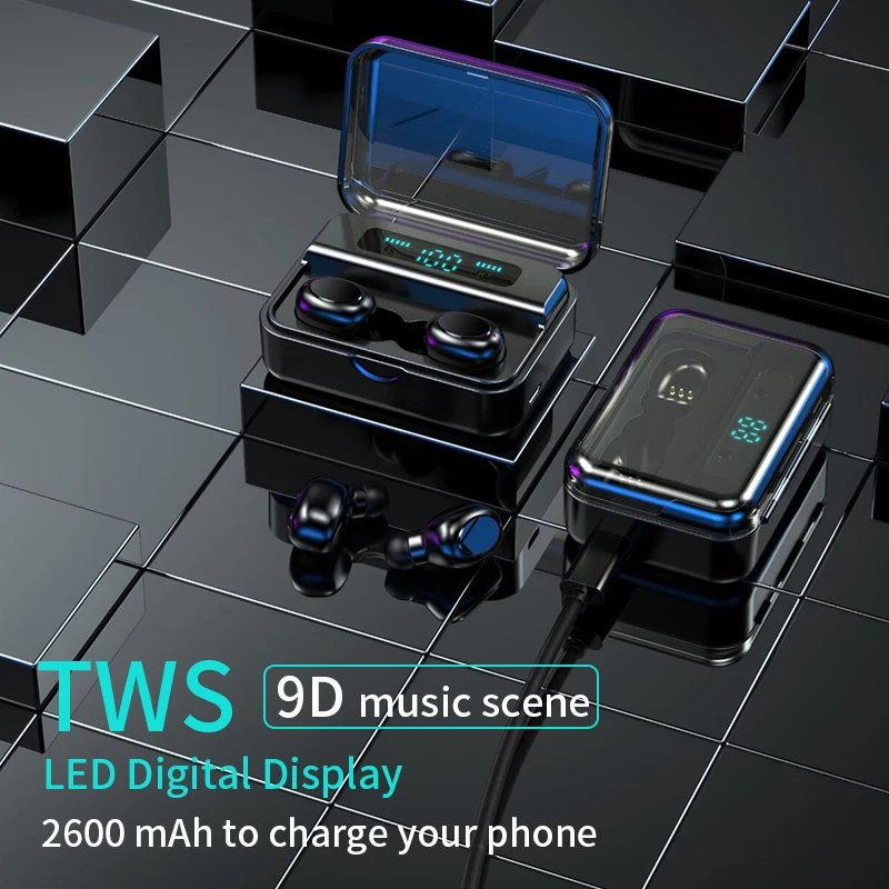 

True Wireless Bluetooth Earphones LED Display Charging Box 9D Stereo Headphone Sports Waterproof Earbuds Headsets With mic