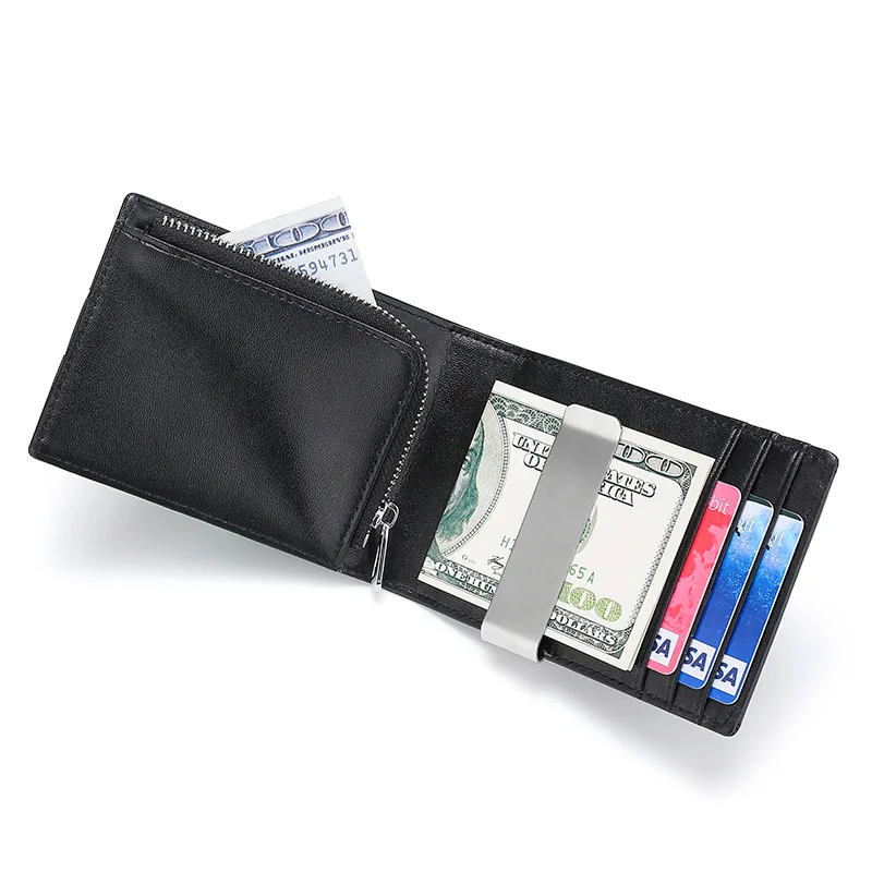 

2021 New Cowhide Leather Money Clip Slim Card Wallet Fold Male Metal Cash Clamp with Zipper Coin Pocket Creative Patchwork