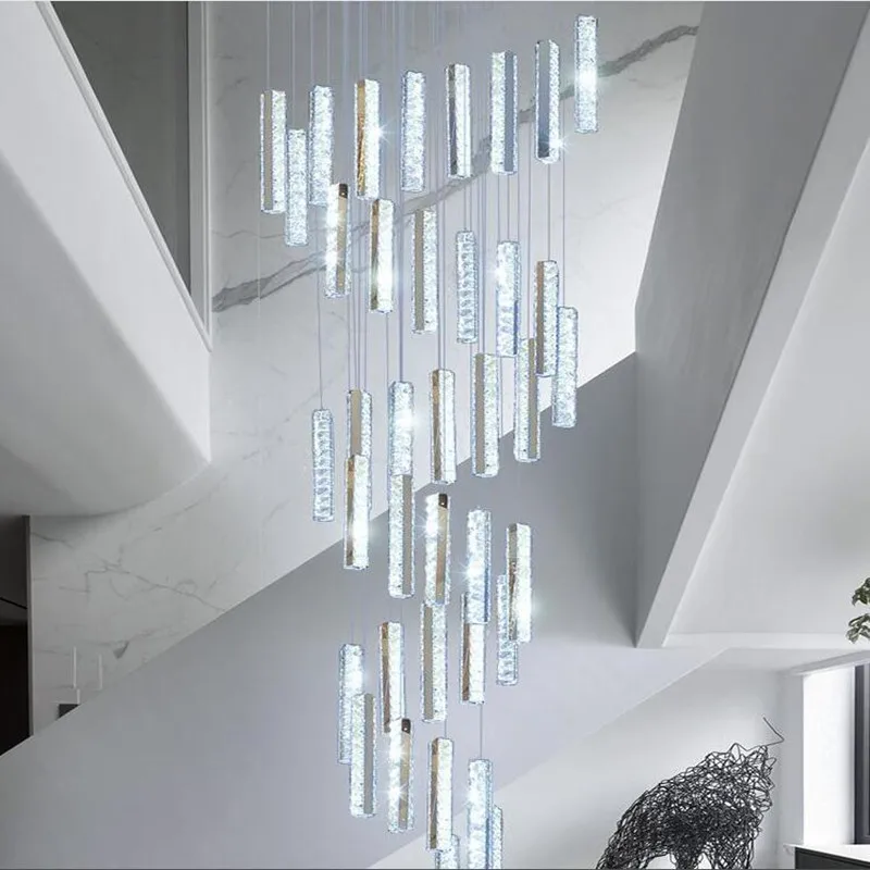 melhor Luxo Moderno Ouro Prata Led Lustre De Cristal Duplex Nordic Edifício Espiral Escada Lustre Sala Jantar Arte