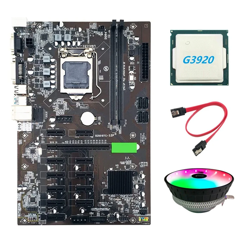 Материнская плата для майнинга B250 BTC с ЦП G3920 + вентилятор RGB кабель SATA 12 слотов