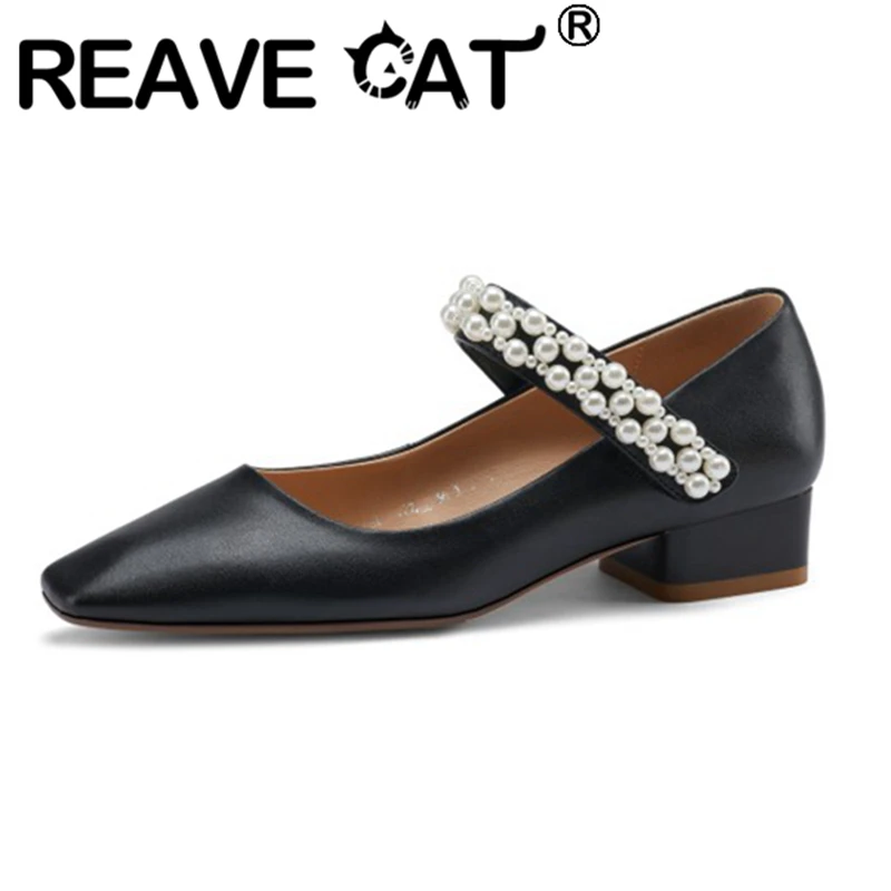 

ASILETO 2021 Sweet Women Pumps Hook Loop Square Toe Beading Leather 3cm Cover Chunky Heel Shoes Size 34-40 Beige Black A4187