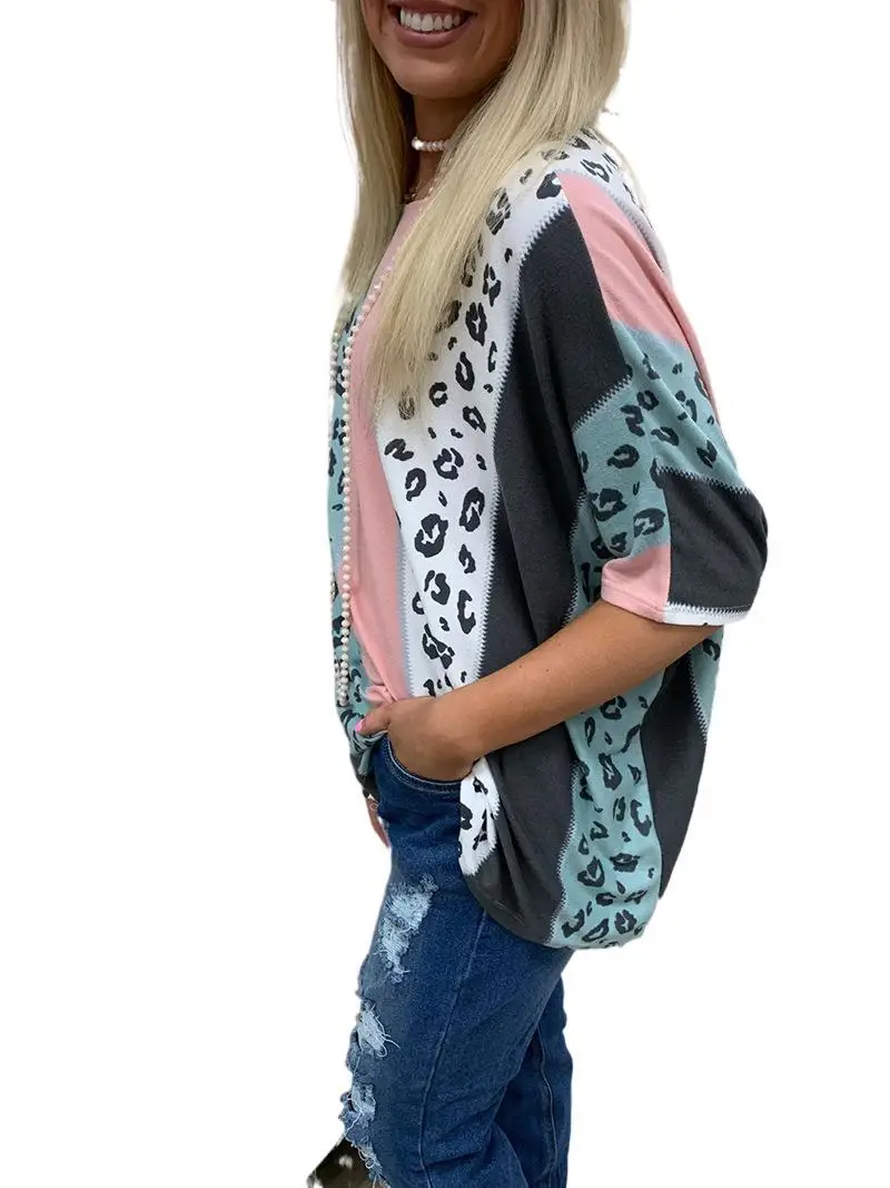 

Leopard Print Patchwork Striped Women T Shirts Summer 2021 Street Loose Shirts Casual Half Sleeve Women's Clothing Plus Size Top