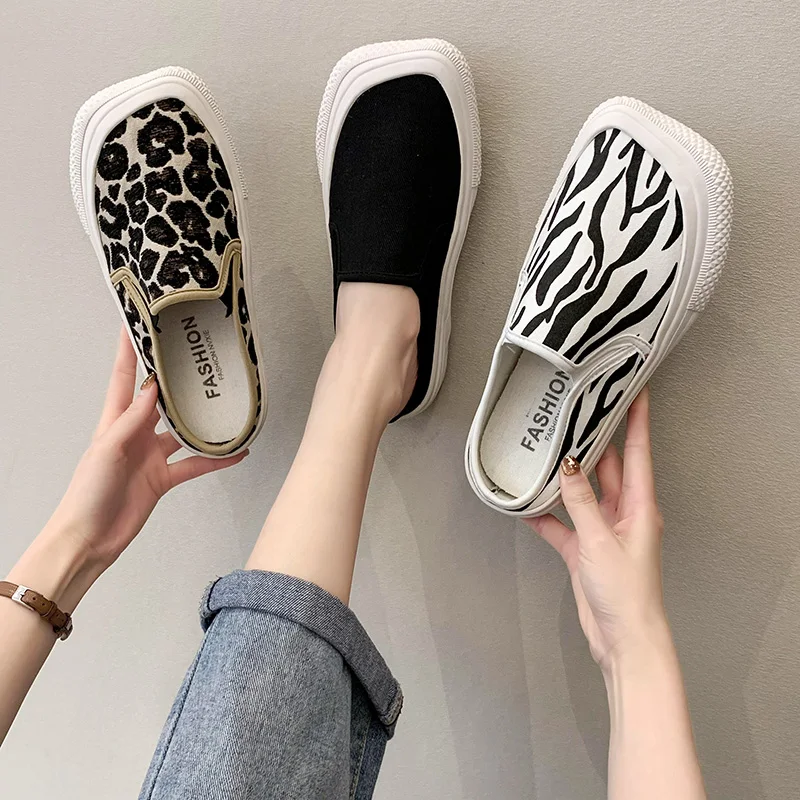 

Shoes Women Med Slippers Casual Slides Cover Toe Pantofle Loafers Soft Luxury Flat Leopard 2021 Summer Cotton Fabric Leisure le