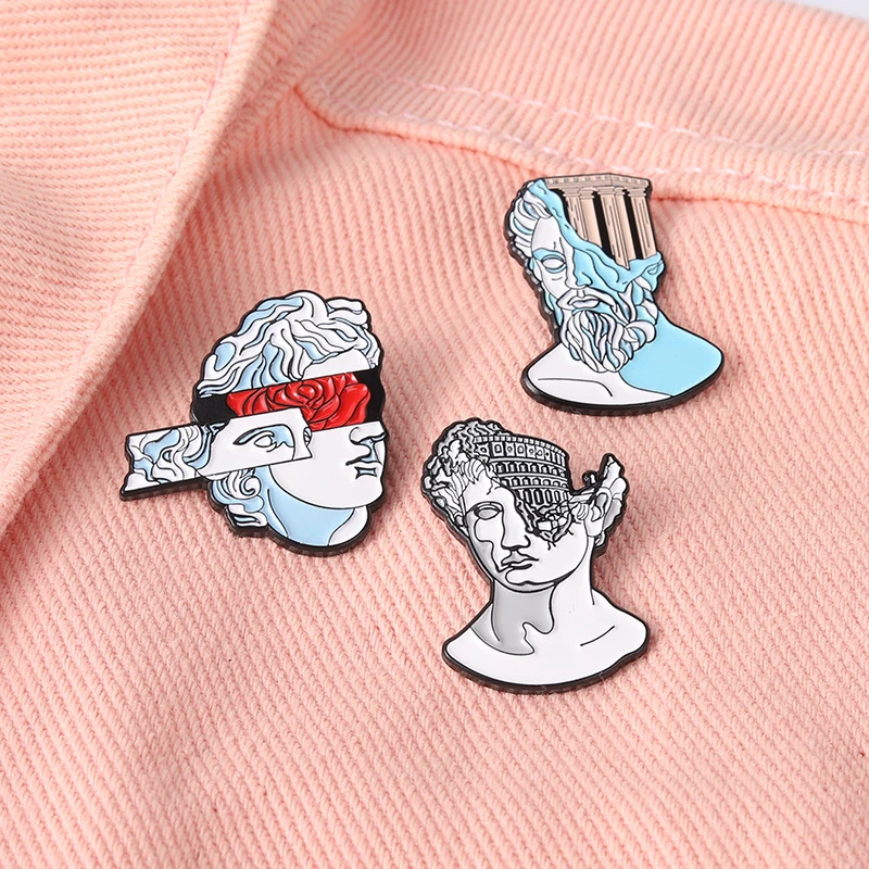 

Human Head Ancient Building Sculpture Enamel Pins Custom Artistic Brooch Lapel Pins Backpack Badge Bag Cartoon Jewelry Gifts