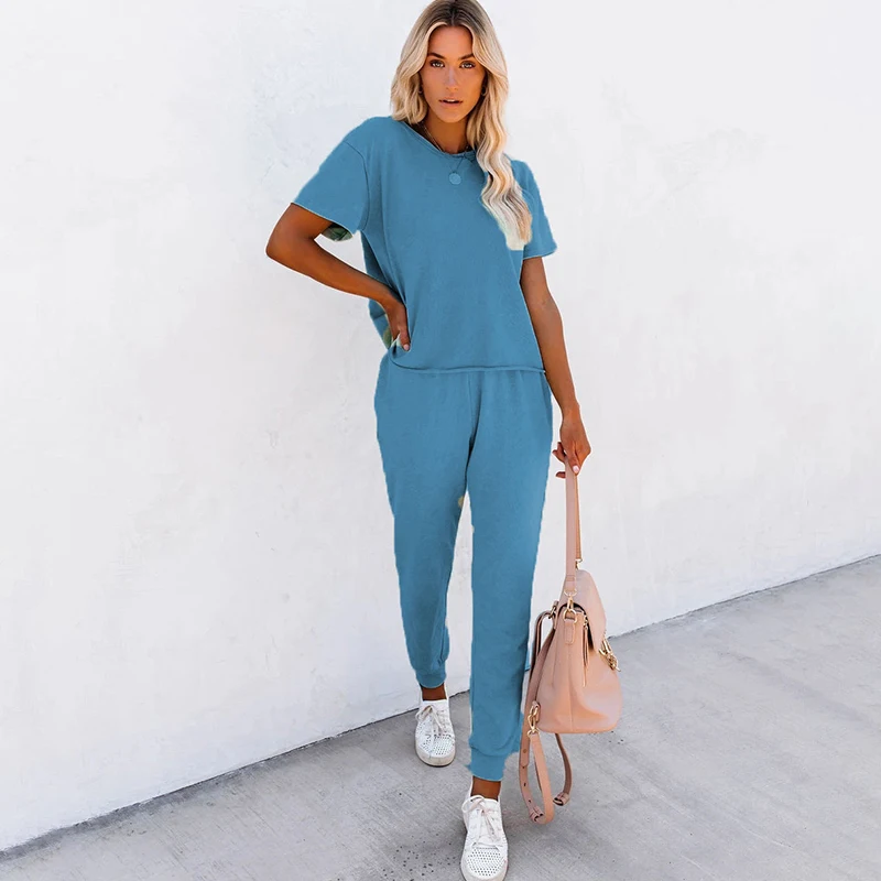 

Women Loose Solid Two Piece Sets 2021 Spring Summer O-Neck Short Sleeve+Elastic Waist Pencil Pants Female Casual Soft Women Sets