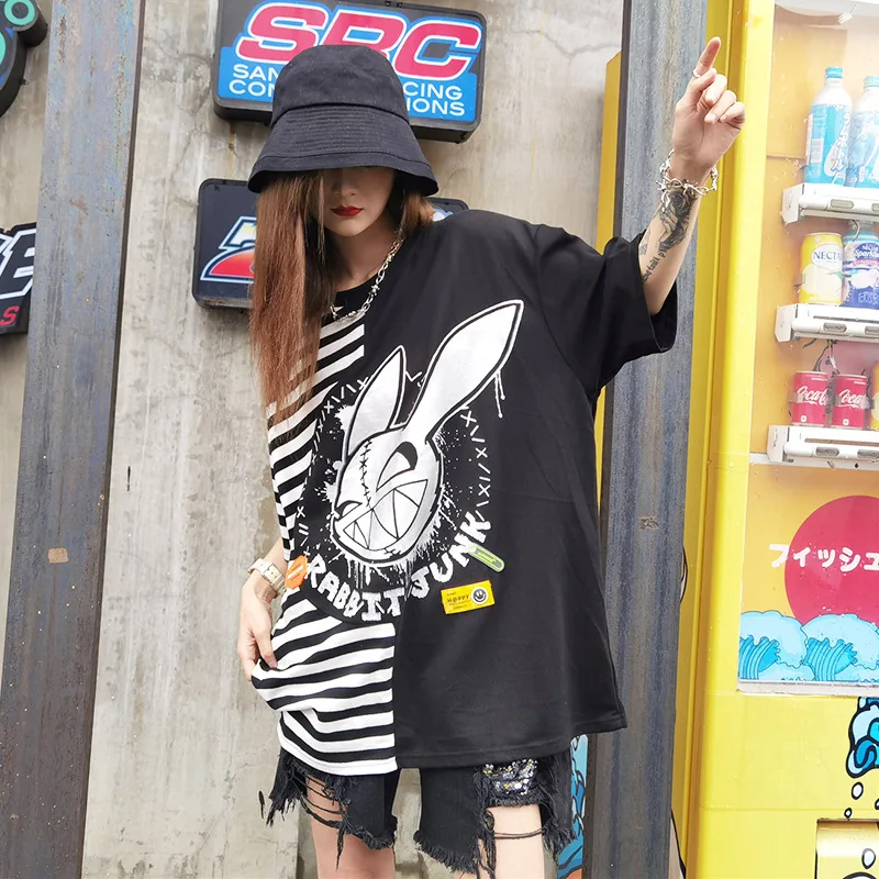 

2021 Summer New Women T-Shirt Tops Loose Large Size Trend Cartoon Printed Half Sleeve T-Shirt Fashion Women Tops Black