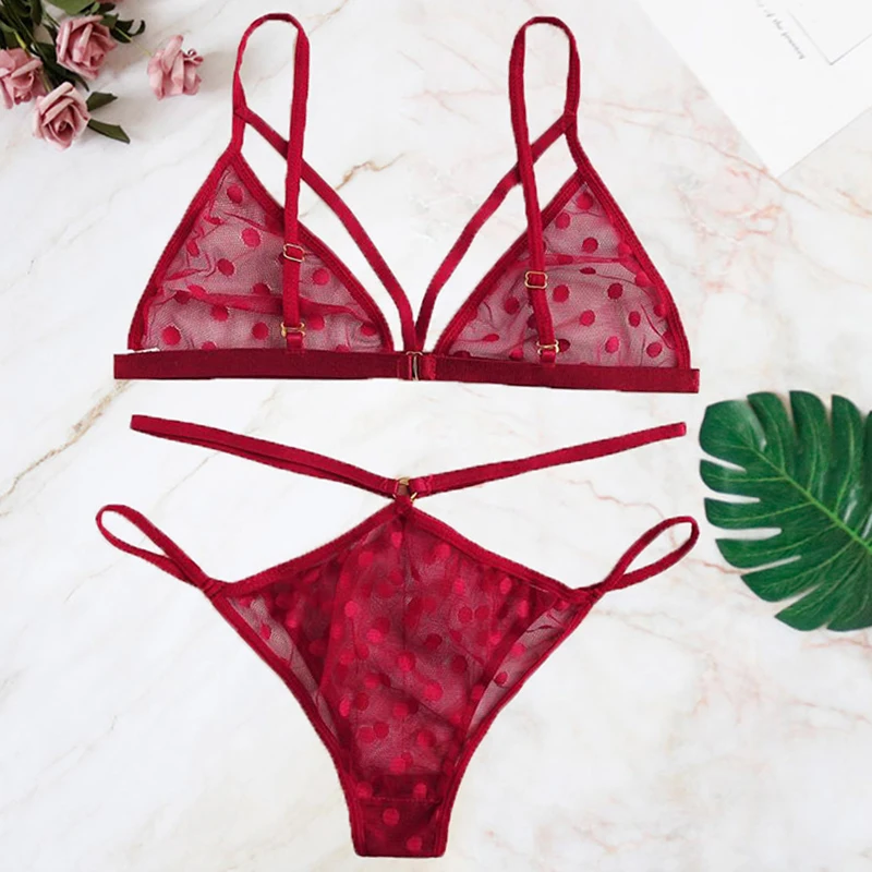 

2Pcs Women Sexy Sheer Polka Dot Lingerie Thong Underwear Bra Set Sleepwear Nightwear Set Hot Erotic Sleepwear