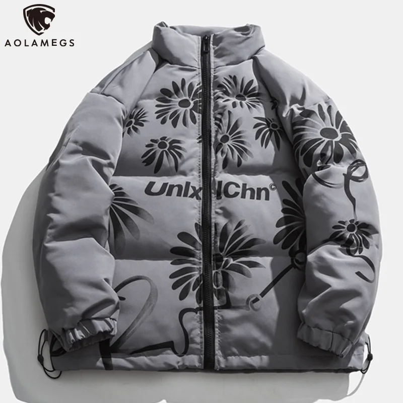 

Aolamegs Winter Jacket Men Floral Graffiti Print Drawstring Zipper Fashion All-match Thick Loose Harajuku Parka Jackets Coat Men